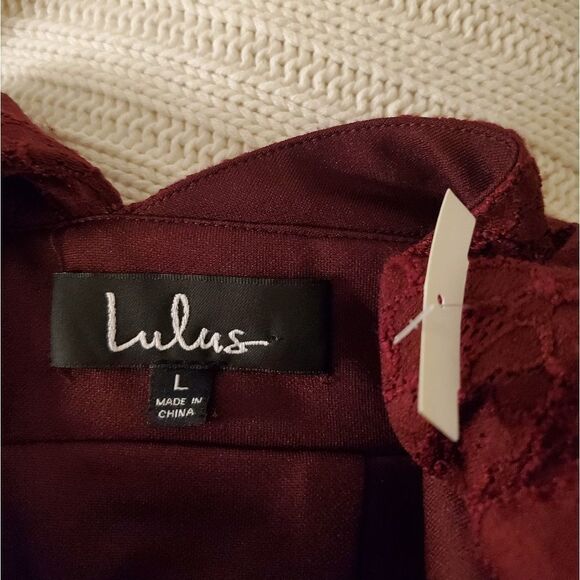 Lulus Ruffle Neck Lace Bodycon Mini Dress size Large in Burgundy - NEW - Picture 10 of 11
